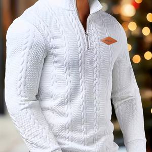 TEMU 남성 패션 캐주얼 텍스처 자카드 지퍼업 하프 지퍼 긴팔 패치워크 니트 스웨터 - 가을과 겨울용
