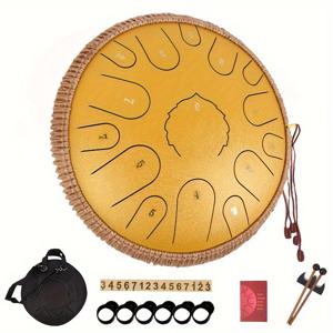 TEMU 14인치 15톤 D키 스틸 텅 드럼 - 휴대용 가방, 음악 책, 말렛 및 액세서리 포함, 영적, 요가, 명상 및 교육 콘서트용 핸드팬