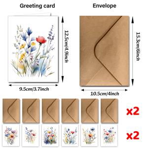 TEMU 24개 생동감 있는 수채화 꽃 인사 카드와 봉투 - 6가지 독특한 스타일, 생일, 행운을 빕니다, 감사 인사 등에 완벽 - 친구, 선생님, 동료, 비즈니스 및 휴일, 선물 카드에 이상적