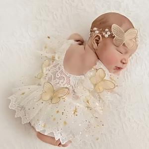 TEMU 2개 세트 신생아 사진 촬영용 나비 반짝이 별 장식 진주 헤어밴드 포함 여아 롬퍼|아기한복|신생아옷