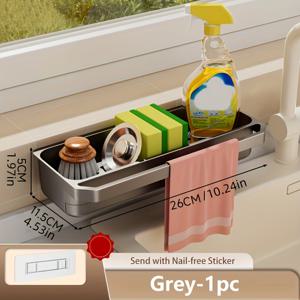 TEMU 1개 공간 절약형 싱크대 정리함 - 내구성 ABS 주방/욕실 정리대, 스펀지 홀더 & 행주 걸이 포함 - 컴팩트한 카운터탑 수납용 - 간편 설치 (후크 제공) - 홈, 아파트, 기숙사, 욕실 액세서리에 적합, 세련된 디자인, 탈착식 트레이