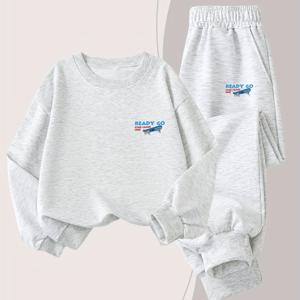 TEMU 2025 신상 남아용 캐주얼 루즈핏 긴팔 스웨트셔츠 & 팬츠 세트 - 기하학 패턴, 중간 신축성, 애플리케 디테일, 봄/가을 필수 아이템, 스타일리시 키즈 의류, 편안한 아동복, 야외 활동용