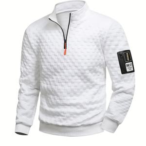 TEMU 남성용 경량 폴리에스터 지퍼업 후드티, 체크 무늬 & 스탠드 칼라 - 봄/가을 캐주얼 풀오버, 레귤러 핏, 긴소매, 앞면 포켓, 흰색 바탕에 검은색 포인트, 봄 아우터, 모던 캐주얼웨어, 튼튼한 원단