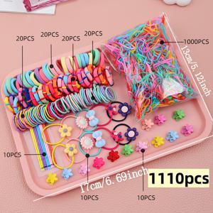 TEMU 1110개 여아용 헤어 액세서리 세트 - 무손상 헤어 타이, 리본 클립 & 고무줄 - 학교, 파티, 일상 헤어스타일용 - 선물 박스 (개학, 졸업) - 헤어 케어