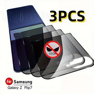 TEMU 삼성 갤럭시 Z 플립 7용 강화 유리 3개 세트 - 블랙 엣지, 프라이버시 보호 기능 포함, Z 플립 5 & Z 플립 6 호환, 스크래치 방지 및 지문 방지, 폰 케이스 포함, 전체 커버리지 디자인, 고품질 필름, 기술 애호가를 위한 필수품