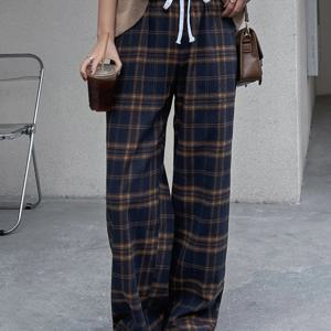 TEMU 여성용 와이드 레그 루즈핏 그리드 팬츠 - 한국 스타일 스트레이트룩 트라우저, 드로스트링 허리, 포켓 & 풀 기장, 캐주얼 및 드레시 룩