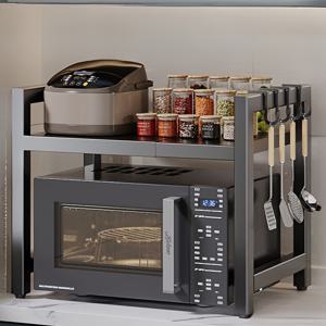 TEMU 2가지 색상 제공 - 확장형 2단 주방 정리대, 전자레인지 및 오븐용 | 블랙 메탈 카운터탑 오거나이저, 오픈 선반으로 양념, 주방용품, 조리기구, 가전제품 보관에 완벽 | 기능적 주방 정리대 | 블랙 메탈 프레임|전자레인지
