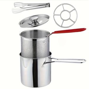 TEMU 스테인리스 스틸 딥 프라이어 5개 세트 (뚜껑, 바구니, 메쉬 스크린, 클립, 미끄럼 방지 스탠드 포함) - 바삭한 감자튀김, 생선튀김, 치킨튀김에 적합 - 가정용 헤비듀티, 기름 튀김 및 뜨거운 우유/부드러운 음식 준비에 이상적