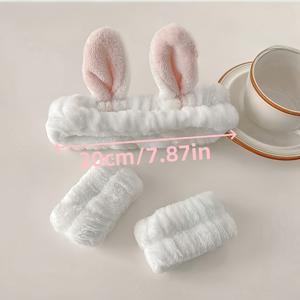 TEMU 세안용 귀여운 토끼 귀 머리띠 3개 세트, 흡수성 손목 밴드, 솔리드 목욕 머리띠, 일회용 마스크 머리띠, 세안 머리띠, 손목 밴드 세트 (세안 머리띠, 손목 밴드, 스펀지 메이크업 및 머리띠 포함)