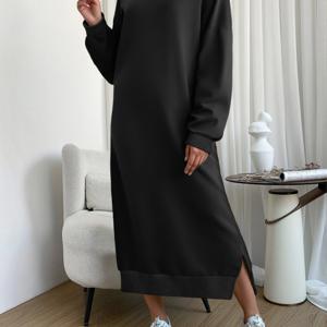 TEMU 오버사이즈 라운드넥 긴팔 스웨터 드레스 - 슬릿 밑단, 포근한 캐주얼 겨울 드레스, 솔리드 컬러 루즈핏, 가을/겨울 레이어링용 (낮부터 밤까지) 세탁기 사용 가능