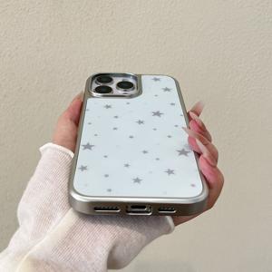 TEMU 스타 패턴 은색 테두리 디자인 화이트 배경 휴대폰 케이스. 아이폰 17 Pro Max 호환. 17 Air/11/716 Pro Max/16/15 Pro Max/15 Plus/15/14 Pro Max/14 Pro/14/13/12/11/X/XR/XS Max 호환. 신규 모델, 낙하 방지, 은색 전기도금 테두리. 고급스러운 비즈니스 스타일