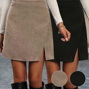 TEMU 가빈의 유럽 및 미국 여성 패션 방향성 발전, 가을/겨울용 새로운 스타일리시하고 우아한 단색 스커트 특징. 밑단에 슬릿 디자인, 투피스 세트로 제공.