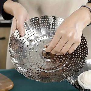 TEMU 1개 중량 스테인리스 스틸 접이식 찜기, 미끄럼 방지 받침대 및 뚜껑 포함 - 인덕션 쿠커 호환, 공간 절약형 디자인, 가정, 레스토랑, 식당용 - 다기능 찜 바구니, 만두, 계란찜 등 가능, 레스토랑 스팀링,슬릭 스티머,녹 방지 냄비,고품질 스티머,다용도 조리기구,케이터링 서비스