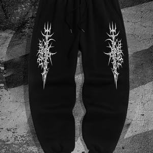 TEMU 남성용 다크 스본 & 가지 토템 프린트 조거 팬츠 - 조절 가능한 드로스트링이 있는 탄력 허리, 일반 핏 캐주얼 팬츠, 야외 스포츠 및 겨울용, 내구성 있는 두꺼운 디자인 바지 (손세탁/드라이클리닝)