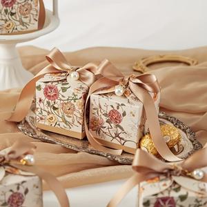 TEMU 50/100개 럭셔리 손그림 꽃 테마 웨딩 캔디 박스, 섬세한 진주 리본 포함, 웨딩 선물, 생일 파티 기념일 선물 상자, 크리스마스 초콜릿 비스킷 포장 상자