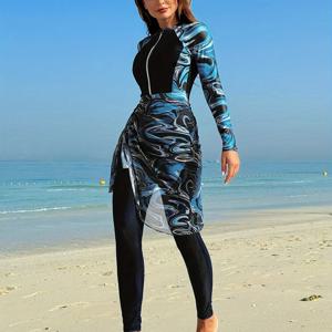 TEMU 1pc YIYUNQING 여성용 하이넥 풀바디 스웨트, 2pcs 세트, 스포티 스타일, 스트레치 소재, 랜덤 프린트 패턴, 나일론 소재