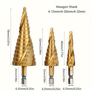 TEMU DDUF 스텝 드릴 비트 세트 3종 (4-12mm/4-20mm/4-32mm) 헥스 샹크 나선형 날, 목재 및 금속 작업용