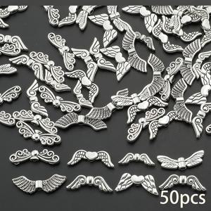 TEMU 37G 약 50개입 아연 합금 혼합 날개 스페이서 비즈, 앤티크 은색 천사 요정 날개 비즈, 작은 구멍 날개 모양 비즈, 팔찌 및 목걸이용 스페이서로 사용, 수제 주얼리 제작, 귀걸이, 팔찌에 적합