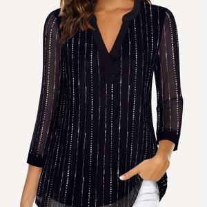 TEMU 여성용 우아한 플로럴 프린트 3/4 소매 블라우스 - V넥 더블 레이어 메쉬 패널 루즈핏 튜닉 탑, 봄/여름 캐주얼 셔츠, 통기성 세미 쉬어 상의, 신축성 원단, 가벼운 티셔츠, 봄 옷장 필수 아이템