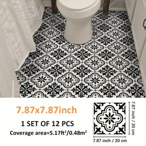 TEMU 12개 모로코 스타일 흑백 꽃무늬 접착식 바닥 스티커, 쉽게 붙였다 떼는 교체 가능한 주방·욕실·침실·계단 등 홈 데코