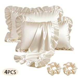 TEMU 프렌치 레이스 & 러플 스케일드 침대시트 베개커버 2개 세트 (헤어타이 포함) - 부드러운 라이트 베이지, 우아한 스케일드 칼라, 세탁기 사용 가능, 웨딩 게스트 선물 및 백투스쿨 침구용 (프렌치 스타일)