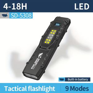 TEMU 스마일링 샤크 플래시라이트 SD5308, LED & COB 토치라이트, 9가지 모드, Type-C 충전식, 고휘도 플러드라이트, 디지털 전원 디스플레이, 휴대용 스위치 포함, 포켓 클립, 야외 캠핑, 하이킹, 작업, 탐색, 모험, 가정용에 이상적