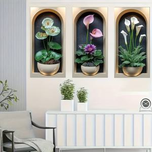 TEMU 3개 세트 그린 플랜트 & 플로럴 분재 아트 벽 스티커 - 모던 텍스처 꽃 디자인, 자가 접착식 거실/침실/계단 화병 장식용 PVC 데코, 광택 마감 내구성 소재, 인테리어 디자이너용