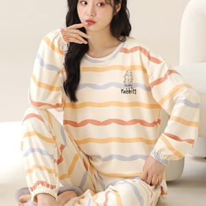 TEMU 귀여운 만화 프린트 긴팔 상의 (토끼 ) + 테이퍼드 팬츠, 편안하고 넉넉한 홈웨어 및 수면용 라운지웨어 세트.|파자마