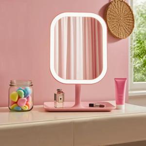 TEMU 휴대용 LED 메이크업 미러 - 회전 표면, 3가지 모드 & 밝기 조절 기능 - 핑크/화이트 화장대 미러 (웜 화이트/), 플러그 없이 사용 가능, 여행용, 생일/크리스마스 선물