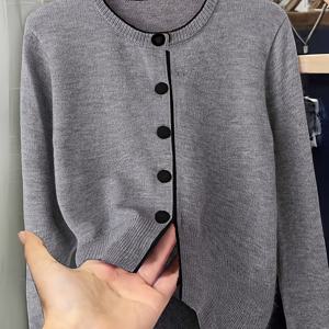 TEMU 여성용 우아한 버튼 프론트 가디건 - 부드러운 회색 스웨터 코트, 버튼 클로저, 긴소매 오피스-파티 겸용 가디건, 가을/겨울, 일상적인 공식 행사 - 여성 의류, 가디건 스웨터, 겨울 레이어링, 가을 패션, 스타일리시 니트