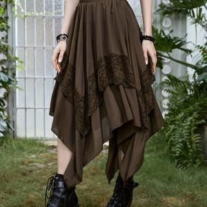 TEMU 고딕 스타일 여성용 미디 스커트, 레이스 패치워크, 불규칙한 플레어 디자인