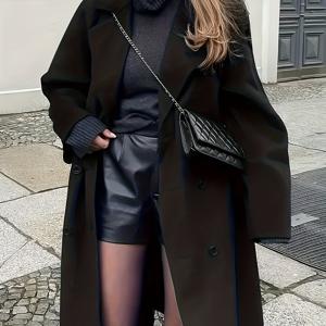 TEMU 여성용 우아한 단색 롱 코트, 라펠, 버튼 디테일, 가을/겨울용 숨겨진 옆 포켓