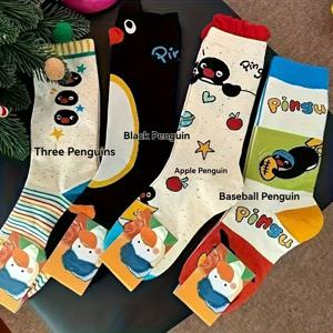 TEMU 여성용 귀여운 펭귄 발목-미디엄 양말 4켤레 팩 - 부드럽고 따뜻한 겨울 양말, 봄 가을 겨울에 적합, 캐주얼 드레시 웨어, 손세탁 가능한 아늑한 일상용 양말, 귀여운 펭귄 패턴 (여성용)