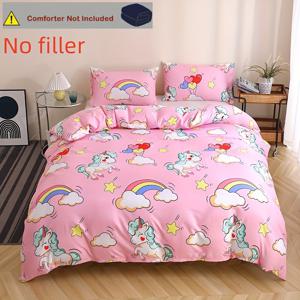 TEMU 마법의 유니콘 3피스 소프트 브러시드 폴리에스터 이불커버 세트 - 핑크 카툰 유니콘 프린트, 이불 커버 1개 + 베갯잎 2개 포함, 사계절 침구
