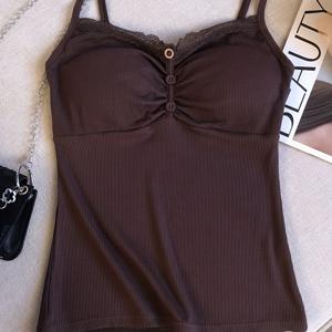 TEMU 여성용 레이스 V넥 캐미솔, 봄 여름용 가슴 패드 단색 심플 멀티 섹시 아웃도어 탑|블라우스|패드|여성의류