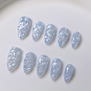 TEMU 10개입 손으로 제작된 아몬드 모양 인조 손톱, 밝은 파란색 바다 물결 패턴, 고급 스타일.|네일