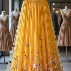 TEMU 우아한 플로럴 프린트 미드 레인지 A라인 스커트, 레이어드 튤 헴 | 플레어 헴, 레귤러 핏, 봄/여름/가을에 적합