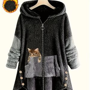 TEMU 플러스 사이즈 - 고양이 프린트 컬러 블록 플러시 후드 코트 | 캐주얼 루즈핏 미디 길이 패션 겉옷, 가을용 포켓 포함