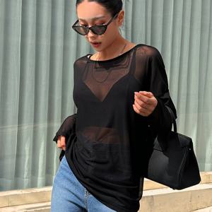 TEMU 솔리드 컬러 오프숄더 시어 메쉬 탑 (브라 미포함)