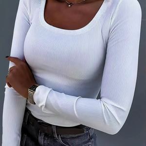 TEMU 플러스 사이즈, 아름다운 플러스사이즈 여성용 화이트 리브드 스퀘어넥 긴팔 티셔츠