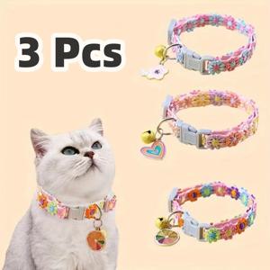 TEMU 3개 세트 화려한 꽃무늬 애완동물 목걸이 - 컬러풀 레이스 꽃 장식, 섬세한 벨, 고양이와 소형견용 조절 가능한 폴리에스터 체인 - 사랑스러운 패션 액세서리