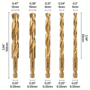 TEMU 5pcs/Set 5/6/8/10/12mm HSS M2 메트릭 티타늄 코팅 직선 샤크 드릴 비트 100mm, 나무 금속용 6.35mm 헥스 샤크 포함