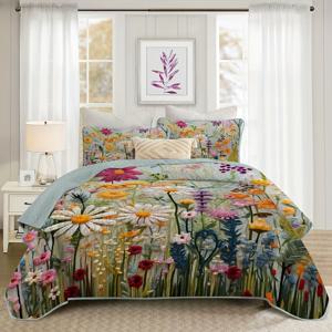 TEMU 유화 스타일 봄 꽃 퀼트 세트(1 퀼트 +1/2 베개커버, 충전재 없음) 쉬운 관리, 가벼움, 세탁기 사용 가능 스타일리시한 꽃무늬 침구 베드스프레드 커버렛 컴포터 세트, 사계절용, 가정, 기숙사, 게스트룸에 이상적