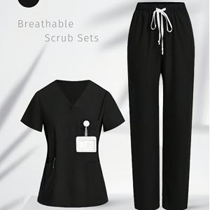 TEMU V넥 반팔 여성용 셔츠와 드로스트링 레그 캐주얼 팬츠 세트, 직원 유니폼으로 적합