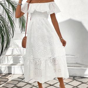 TEMU 여성용 우아한 오프숄더 레이스 소매 A라인 맥시 드레스 (퍼프 소매 & 러플 헴) - 여성용 솔리드 여름 드레스, 플로이 포멀 & 캐주얼 의상, 손세탁 가능 우아한 파티 웨딩 복장, 파티드레스, 원피스