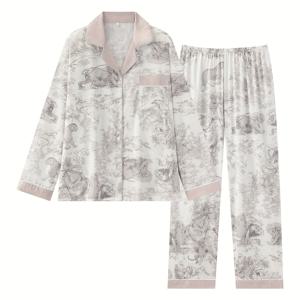 TEMU 더블 길이 여성용 아이스 슬리키 파이버 패브릭 파자마 세트, 그레이 프린트, 긴팔 오픈프론트 카디건과 칼라, 탄성 허리밴드 트라우저 포함. 가을용 부드러운 파자마, 가볍고 캐주얼하며 편안하고 약간 신축성 있음. 홈웨어 및 야외 활동에 적합