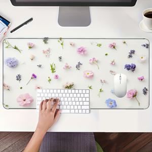 TEMU 특대형 35x16인치 파스텔 플로럴 게이밍 데스크 매트 | 미끄럼 방지 고무 베이스, 스티치 엣지, 내구성 좋은 폴리에스터 컴퓨터 키보드 & 마우스 패드 (여성용), 이상적인 사무실 & 게이밍 액세서리, 사무실 데스크 매트, 데스크 패드|컴퓨터책상