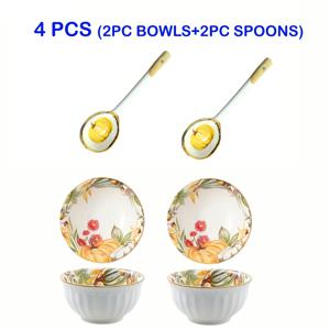 TEMU 빈티지 손그림 호박 디자인의 4.5인치 세라믹 볼 4개 세트와 긴 손잡이 스푼이 함께 제공되는 완벽한 디저트용 국수 스푼 세트. 컨트리 스타일 샐러드에 이상적이며 할로윈, 추수감사절, 크리스마스에 적합합니다.
