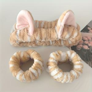 TEMU 3개 세트 프린트 고양이 귀 플러시 헤어밴드 - 탄력적이고 부드러운 편안한 세안 메이크업 스파용 - 데이 선물로 딱! 귀여운 고양이 귀 헤어밴드