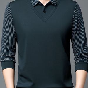 TEMU 신상 봄/가을 캐주얼 폴로 셔츠, 중년 남성을 위한 솔리드 컬러의 페이크 투피스 디자인, 아빠룩으로 완벽하며 가볍습니다.|남자셔츠